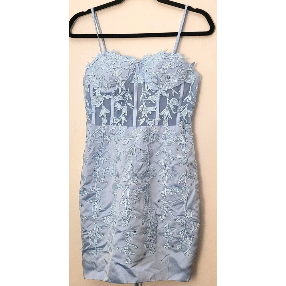 Light Blue Lace up sheer CORSET Mini Dress Fairycore Coquette Hoco PROM XS 0 - 2 - Picture 7 of 8